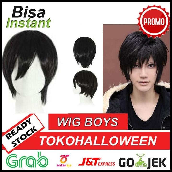 wig hitam cosplay pria pendek
