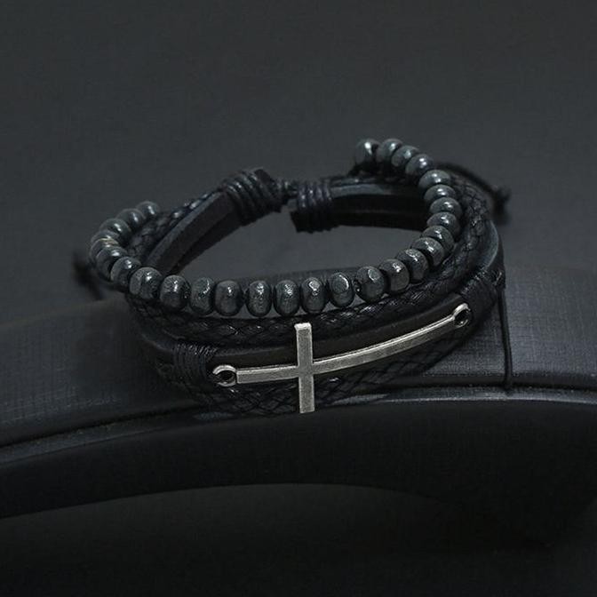 Promo - Gelang Tali Kulit Salib Batu Lava Stone Multilayer Pria Unisex G261