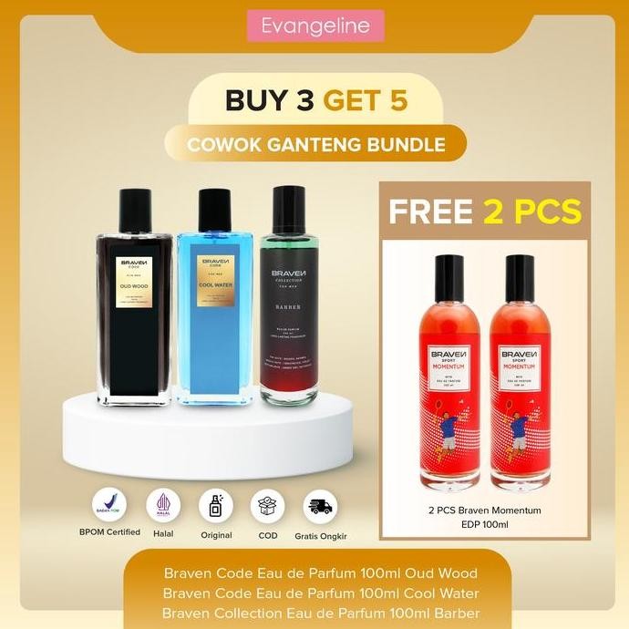 COGAN BUY 3 GET 5Cowok Ganteng Bundle | Braven Eau De Parfum 100ML - Cool Water - Barber - Oud Wood 