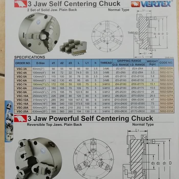 Vertex 3 Jaw Self Centering Chuck Vsc 5A Original Dan Terpercaya