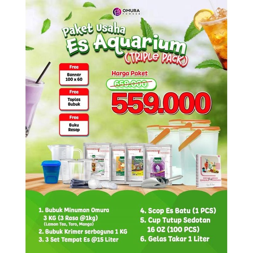 

Original PAKET ES AQUARIUM MINI Omura Powder - Paket Usaha Minuman Bubuk Kekinian Siap Jualan