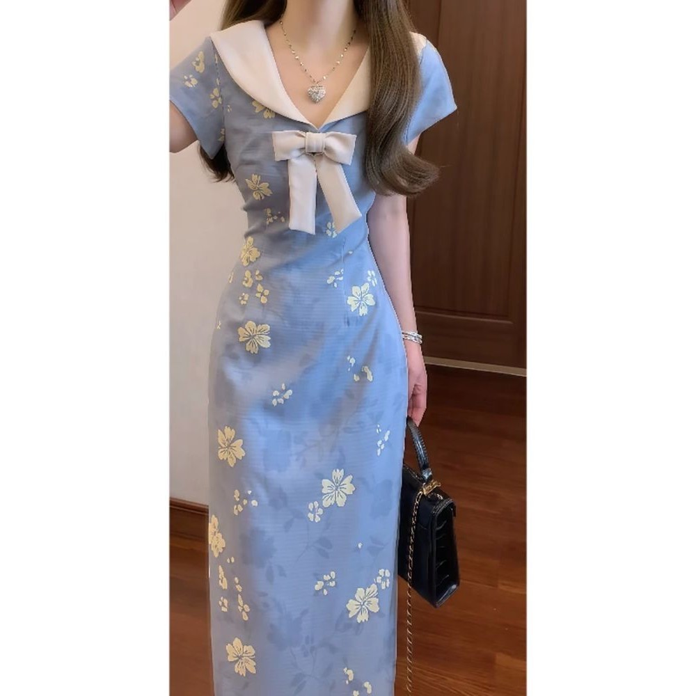 Gaun Cheongsam Kerah Boneka Biru Gaya Cina Baru untuk Wanita