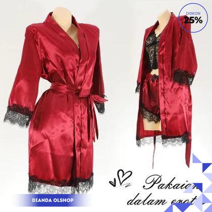 BAJU DINAS LINGERIE KIMONO SILK SET PIYAMA CELANA SATIN BAJU TIDUR WANITA PREMIUM GAUN MALAM CANTIK 