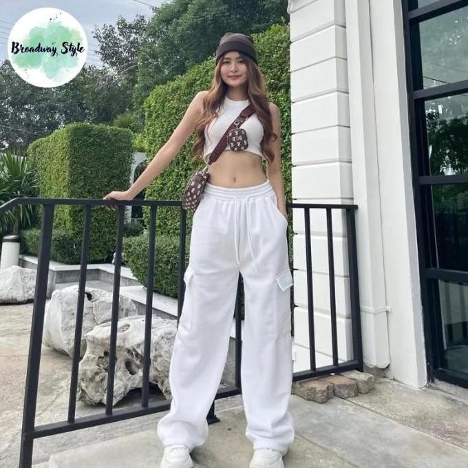 Celana Panjang Kargo Cargo Jogger Long Pants Wanita White Putih Unisex M L XL Jumbo