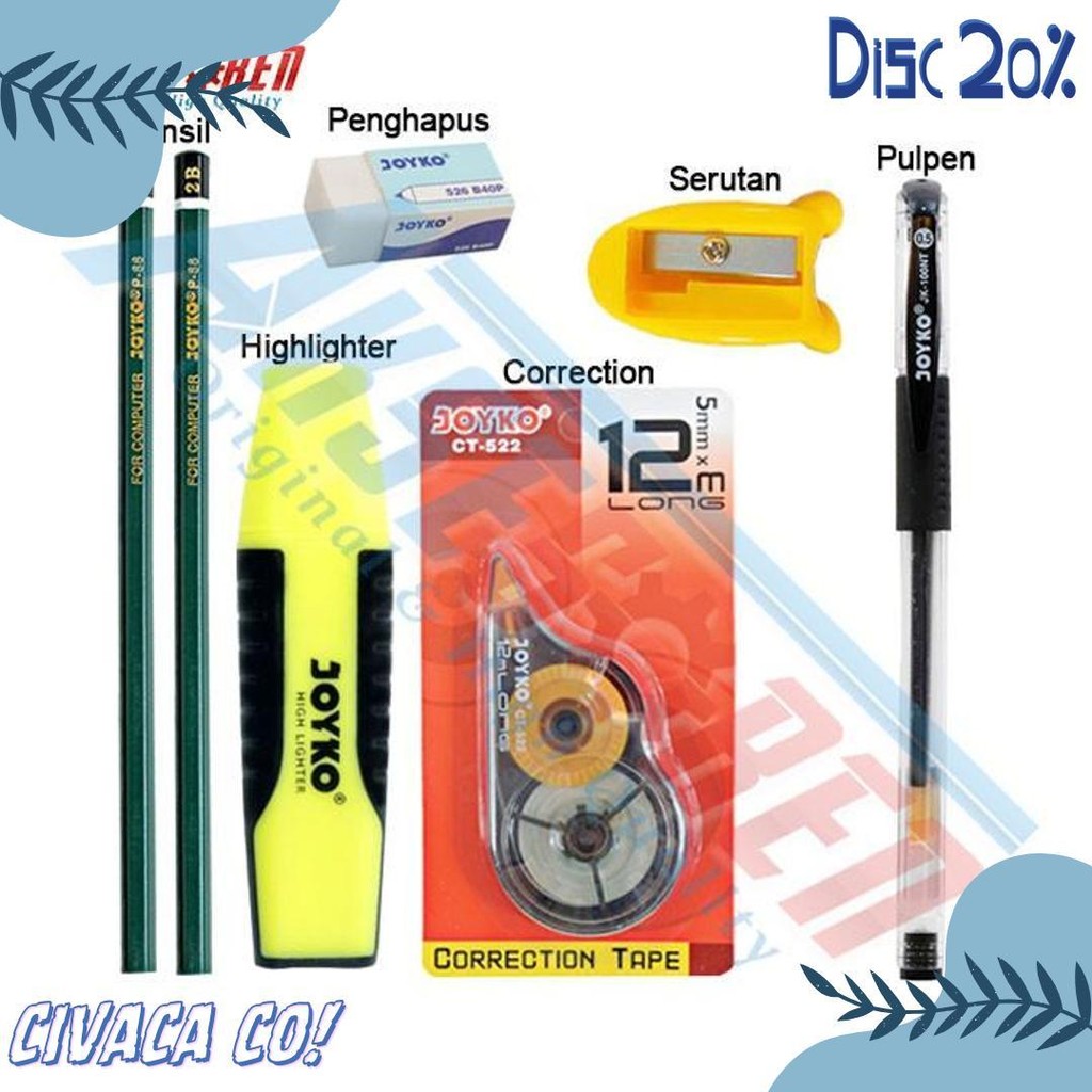 

Perlengkapan Paket Alat Tulis Ujian Sekolah Lengkap Joyko [Pulpen Gel + Pensil 2B + Rautan Pensil Karekter + Penghapus Putih + Tipe X Kertas + Highlighter ] / Alat Tulis Sekolah Lengkap / Alat Tulis 1 Set Lengkap / Alat Sekolah Lengkap 1 Paket Murah