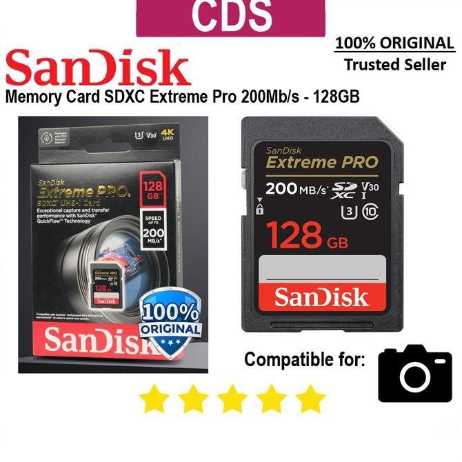 TERBARU - Sandisk SDXC Extreme PRO Class 10 (200Mb/s) - 128GB - Original - For DSLR & Mirrorless - M