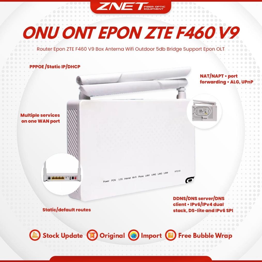 Modem EPON ZTE F460 V9 Box Antena Wifi 5db  Support Statis pppoe dan Bridge Epon OLT onu router Nugi