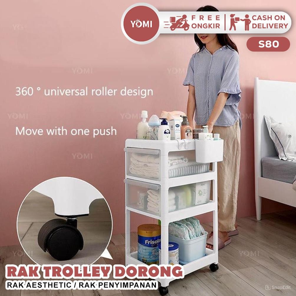 Terlaris Yomi- Rak Trolley Dorong S80/ Rak Aesthetic / Rak Penyimpanan Bayi / Laci Penyimpanan / Cab