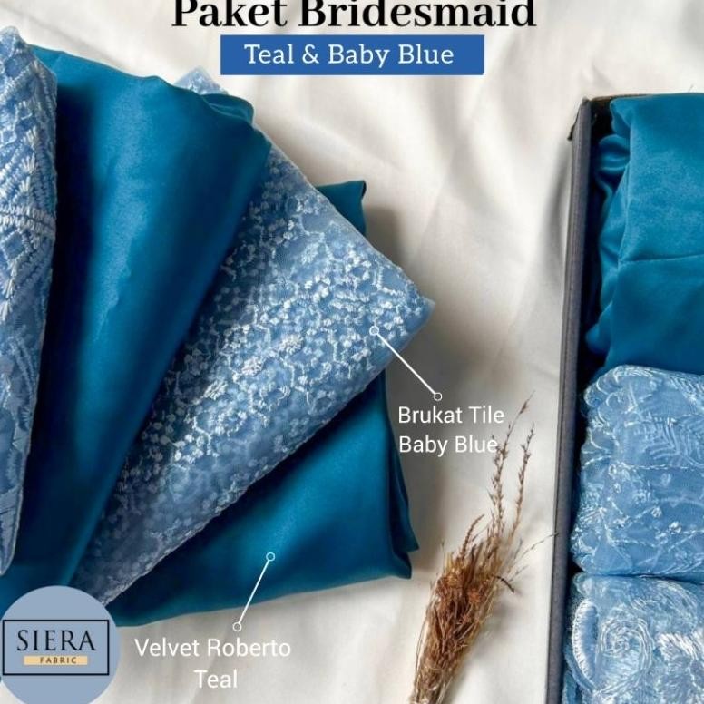 DF205>> Paket Lengkap Kain Bridesmaid / Kain Satin Velvet Teal + Brukat Tile Baby Blue