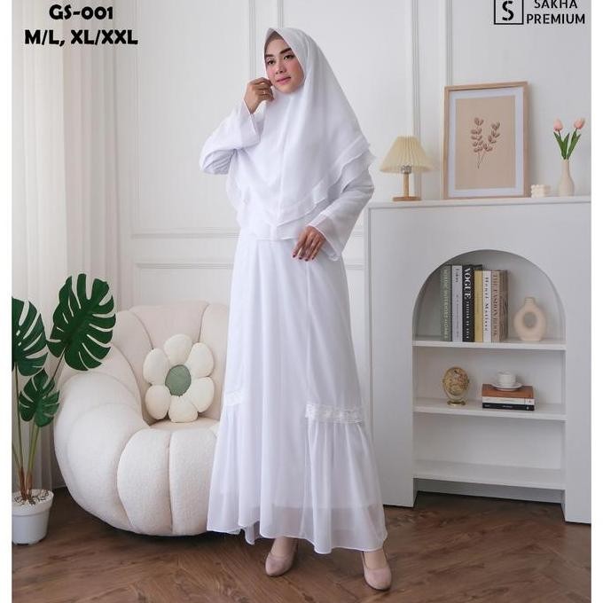Sakha - COD GS 001 BAJU GAMIS PUTIH SYAR'I WANITA GAMIS PUTIH CERUTI JUMBO TERLARIS BAJU LEBARAN UMR