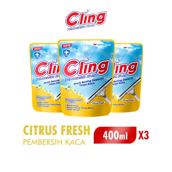 Cling Pembersih Kaca Kuning Lemon Fresh Pouch 400 ml x3