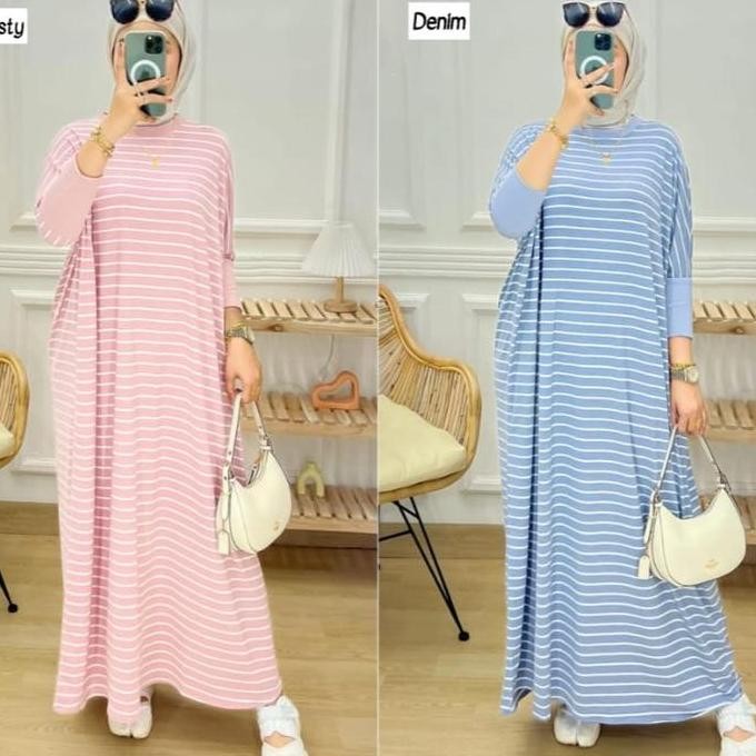 gamis muslim wanita kaos knit import batwing Salur Tebal Dress Baju