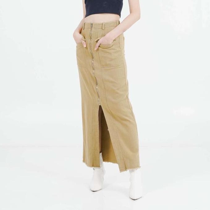 Enzy Sta X This Is April Rok Panjang Wanita Stylish Modern ES Chara Zipper Skirt White & Brown