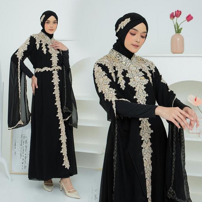 Aysena Kaftan Mewah Set Turban Belt Manset Panjang - Gamis Muslim Ceruty Wanita Kondangan Lebaran Me