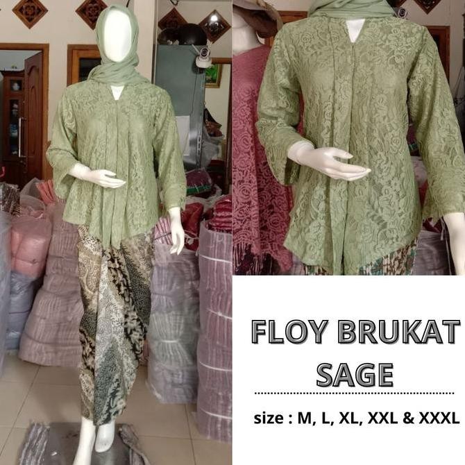 Setelan Kebay Floy Brukat Warna Hijau Sage Dan Rok Bawahan Batik