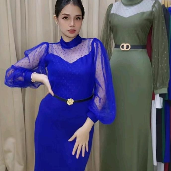 LooWear Long Dress Baju Pesta Lengan Panjang Bahan Scuba Premium Kombinasi Tile Bordir Mewah Formal 