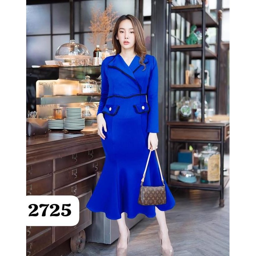 Joanne Fashion - Midi Dress Wanita Pesta Mewah Simple Formal Lengan Panjang Rok Mermaid Duyung Bahan