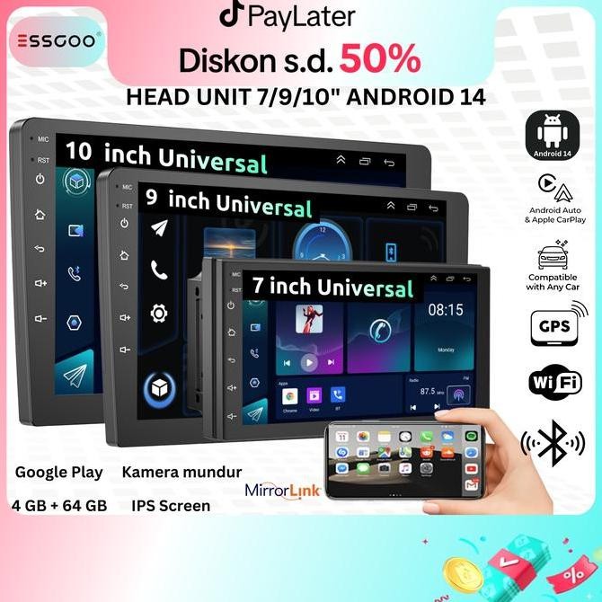 Essgoo Head Unit Android 14 Mobil 4G+64G  7/9/10 Inch 2 Din Kontrol Suhu Cerdas Ips Layer Mobil Navi