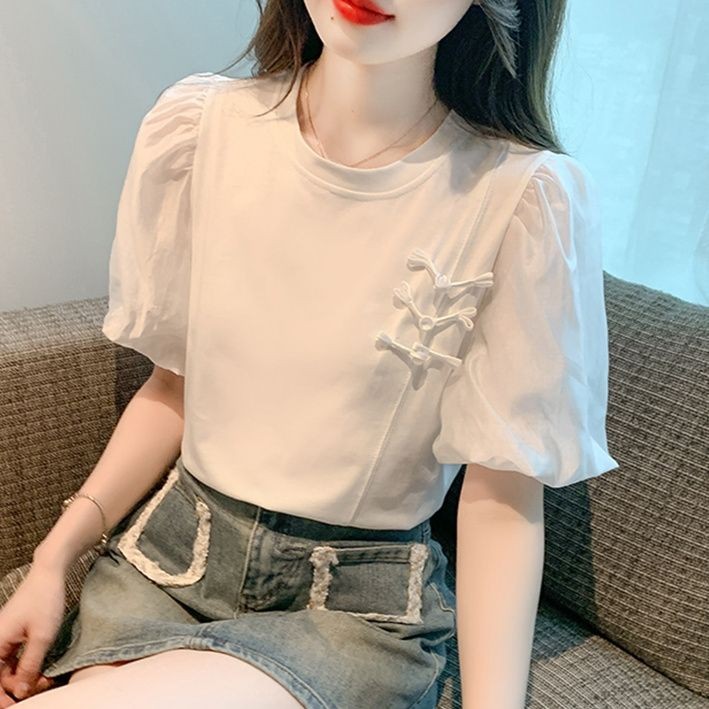 Chinese Style Button Puff Sleeve Short Sleeve T Women's T-shirt