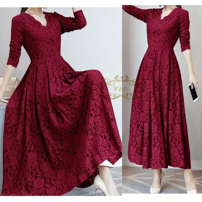 GM DRESS FULL BROKAT CASSIE / DRESS PESTA / DRESS NATAL / DRESS KONDANGAN V-Neck Formal Wanita