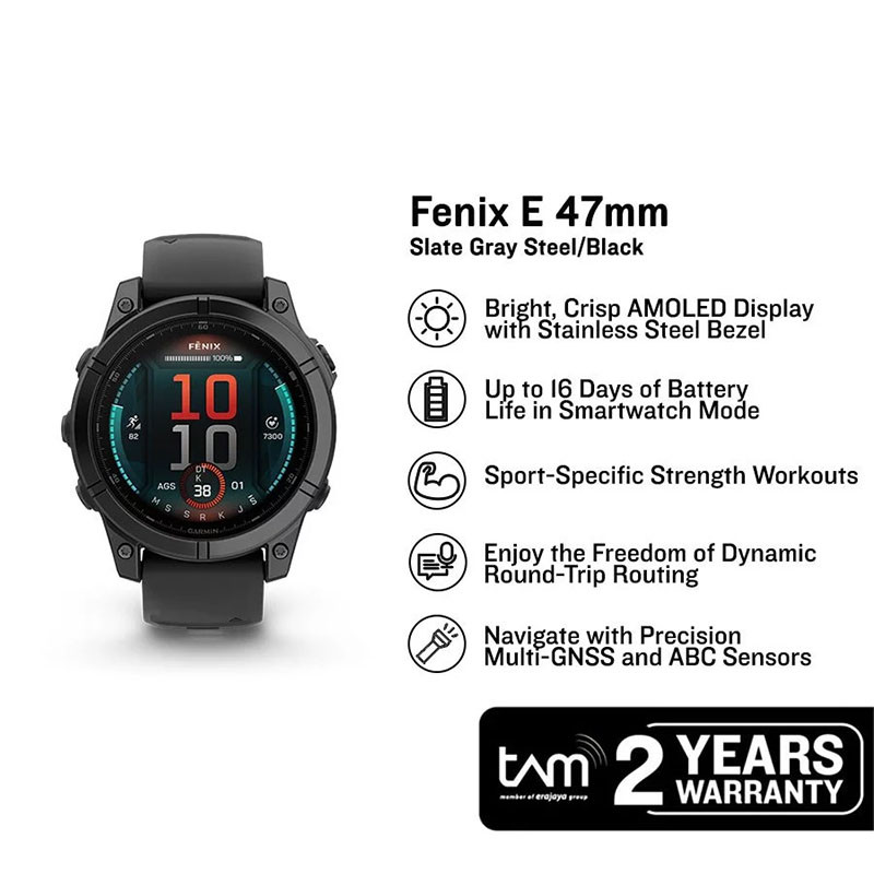 Jam Tangan Pria Garmin Fenix E 010-03025-13 Smartwatch Amoled Slate Grey Steel with Black Silicone B