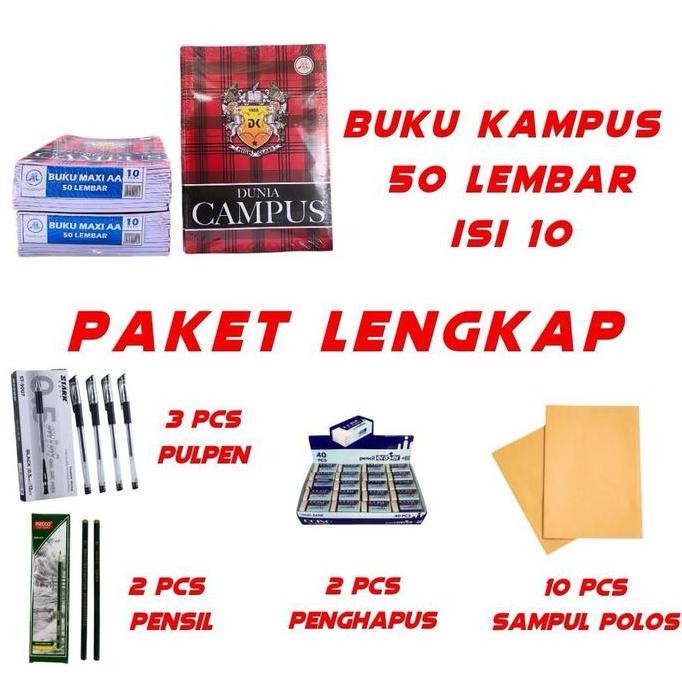 

Buku Kampus 50 Lembar Paket Murah Isi B.Kampus 50 Isi (10Pcs) Pulpen Gell (3Pcs) Pensil (2Pcs) & Pengapus (2Pcs) Sampul Polos 10L