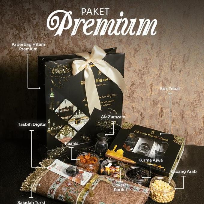 

Oleh oleh Haji dan Umroh Premium / Paket Oleh oleh Umroh dan Haji / Sajadah Paperbag Kurma Ajwa Air zam zam asli 100% HS