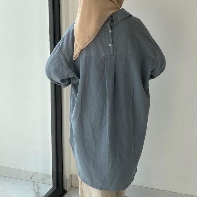 Blouse Kemeja Tunik Linen Kantong Satu - Dress Polos Kancing Baju Crinkle Oversize Wanita HM