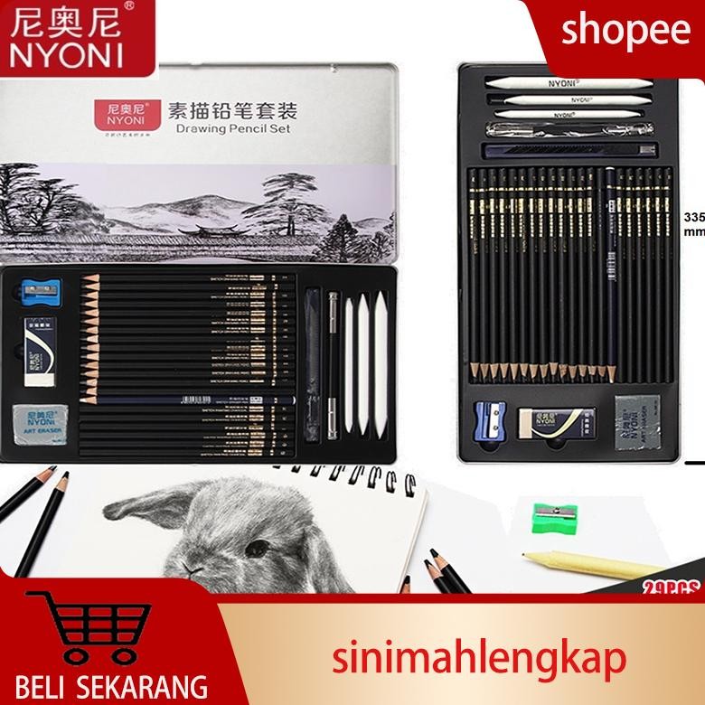

NYONI Sketch drawing pencil / pensil grafit charcoal arang 29 pcs set tin case