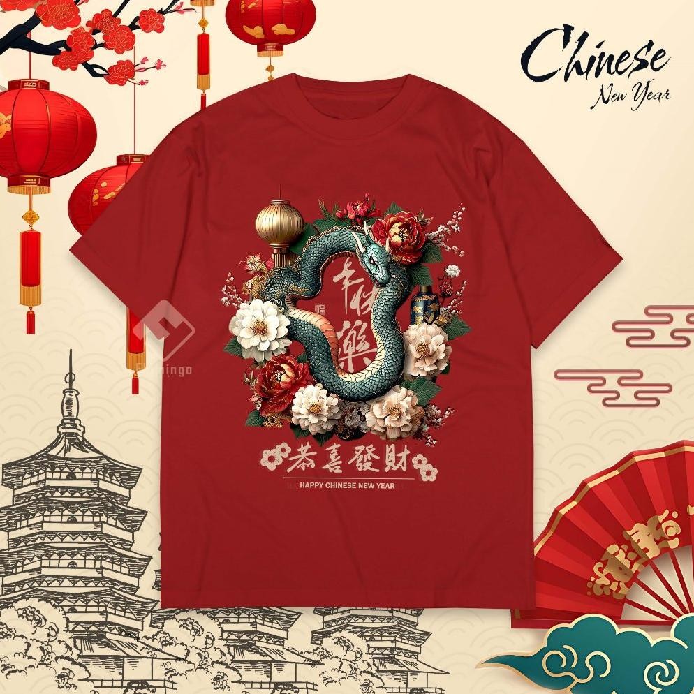 Promo Kaos Imlek 2025 Gong Xi Fa Cai Green Snake Rose Flower Baju Distro Cny Happy Chinese New Year 