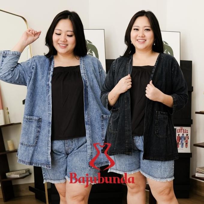 BAJUBUNDA  - Cardigan Denim Big Size Wanita / Luaran Jumbo Jeans / Outer Jumbo / CELIN Panjang Tanga