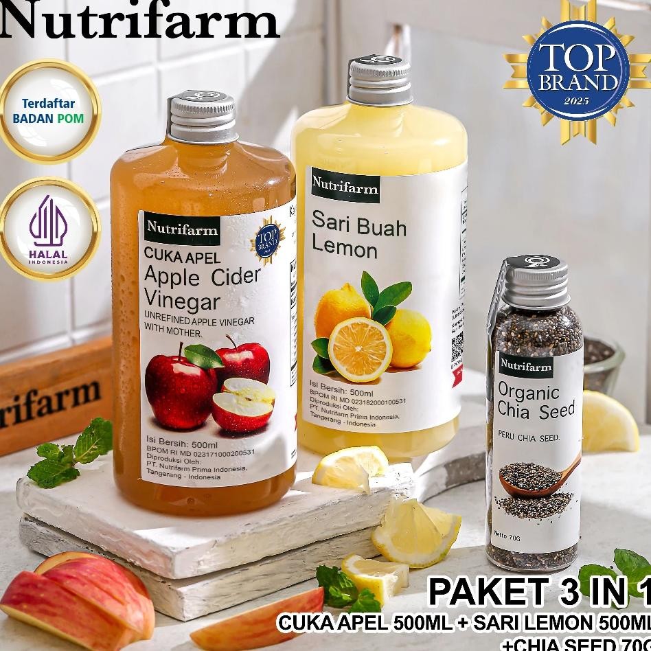 

Paket Cuka Apel 3 In 1 Cuka Apel Ml Sari Lemon Ml Chia Seed 70Gr Cider Vinegar Organik Halal Bpom