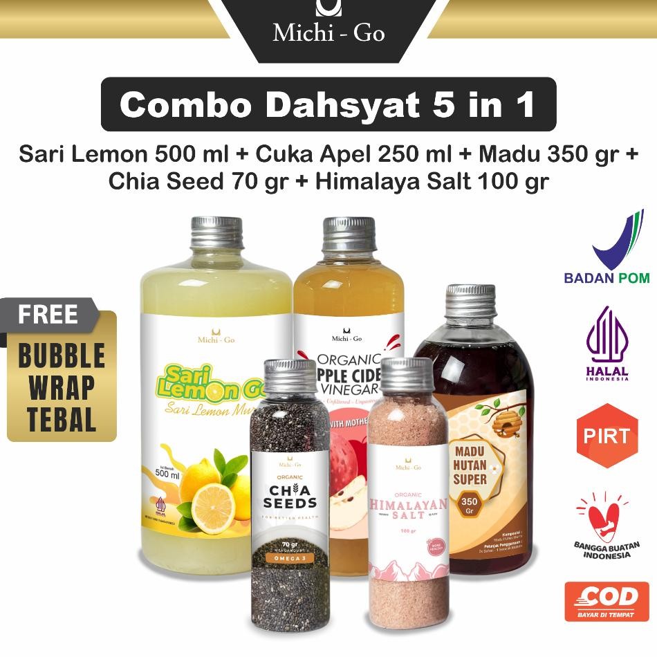 

Micho Paket Detox 5In1 Paket Hemat Cuka Apel Sari Lemon Chia Seed Madu Hutan Garam Himalaya