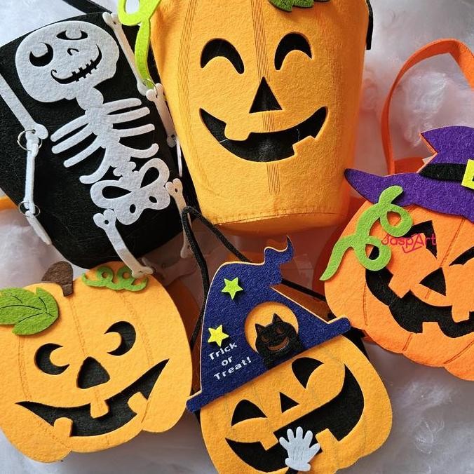 

=====] tas halloween pumpkin labu trick or treat goodie bag flanel bulu kain