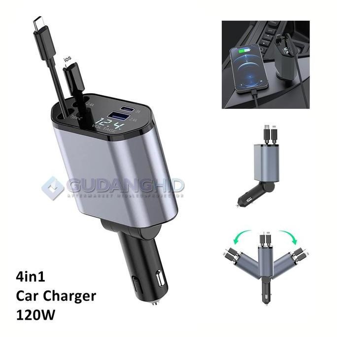 Car Charger Casan HP Mobil 4 in 1 120W Fast Charger Type C USB IOS Android Aluminium Kabel Cable Ter