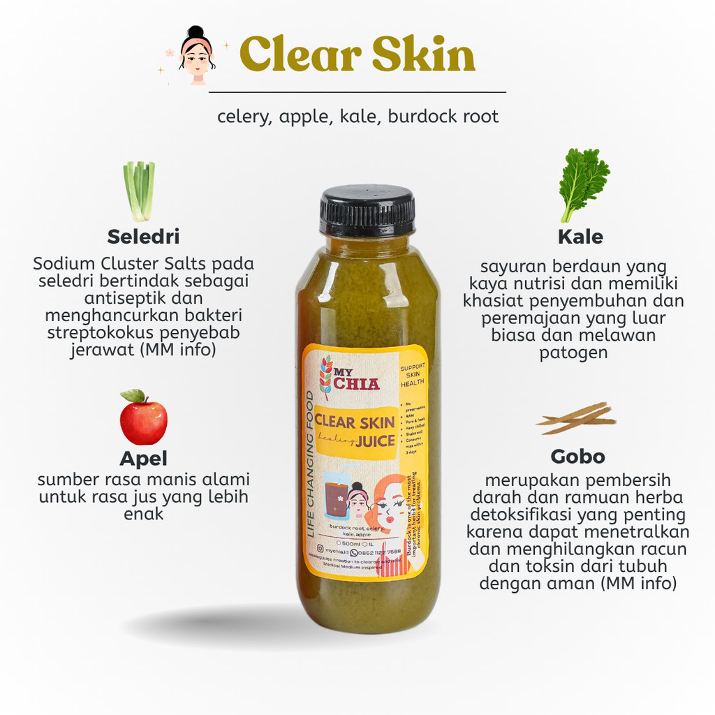 

Clear Skin Healing Juice 250ml Jus untuk jerawat Cold Pressed My Chia seledri burdock kale apel