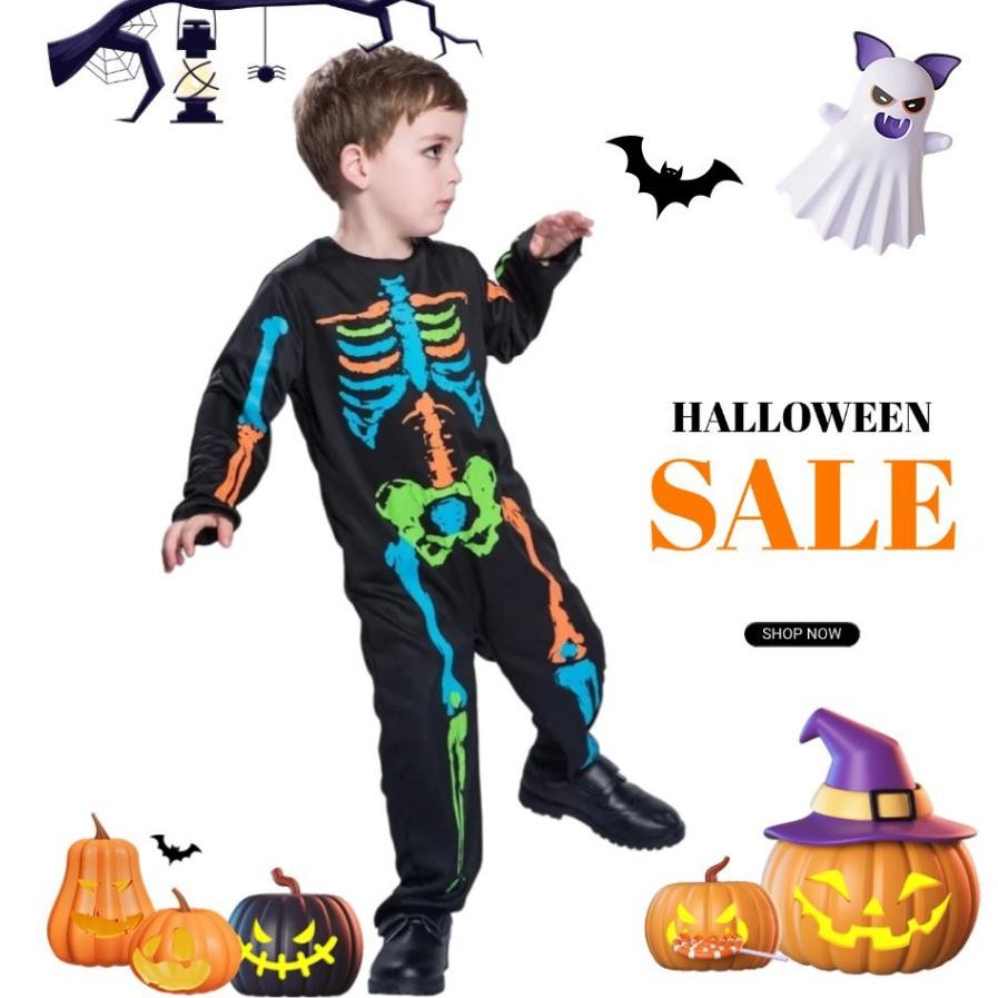 New - SETELAN BAJU KOSTUM HALLOWEEN ANAK USIA 2-10 TAHUN / TENGKORAK / Halloween Costume SKULL SKELE
