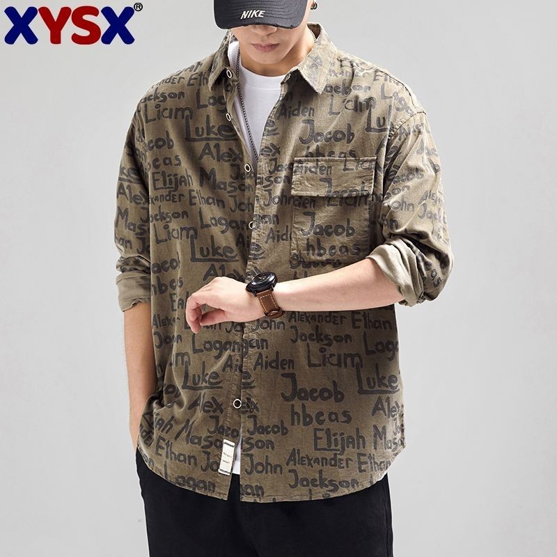 Jaket Lengan Panjang Kerja Pria Gaya Amerika Cetak Huruf Penuh Santai Longgar Leher Persegi