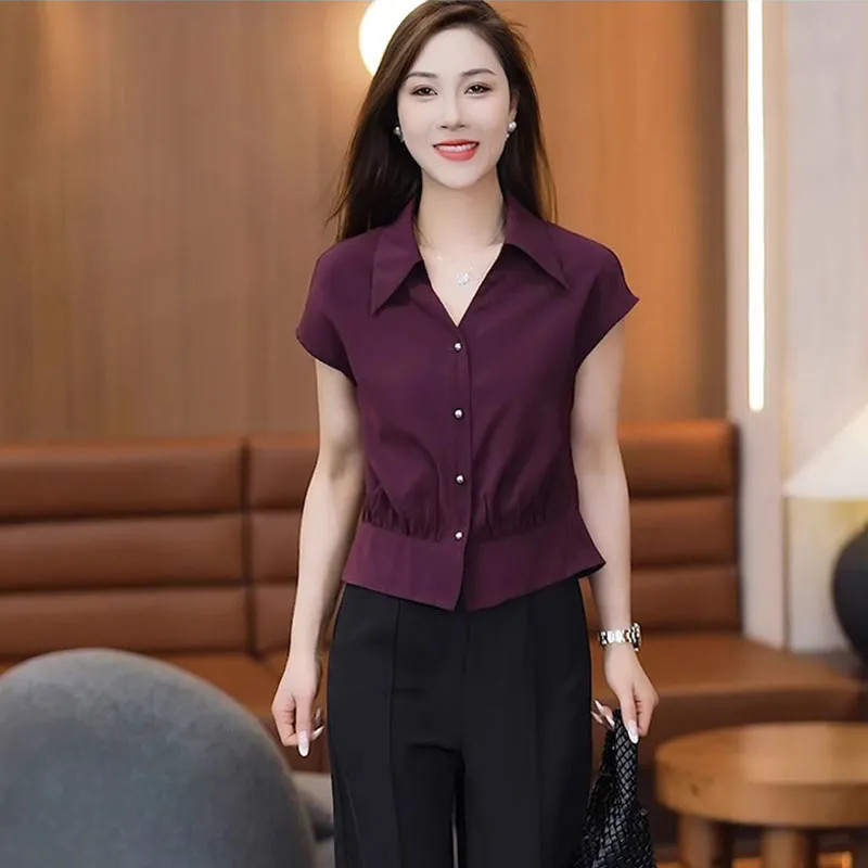 Kemeja Lengan Pendek Kerah Turun Wanita Berkualitas Tinggi   Kemeja Pengencang