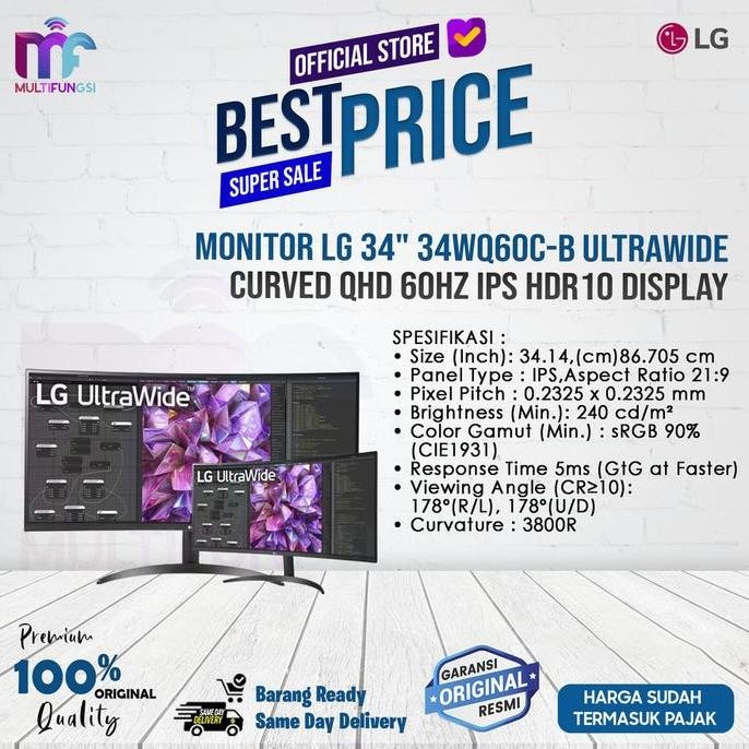 Monitor LG 34" 34WQ60C-B Ultrawide Curved QHD 60Hz IPS HDR10 Gaming
