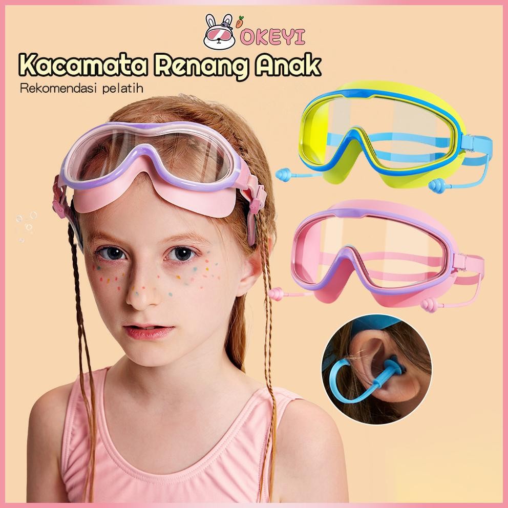 Okeyi Kacamata Renang Anti Fog UV Kacamata+Penutup Telinga Laki Dan Perempuan Anak Nugi