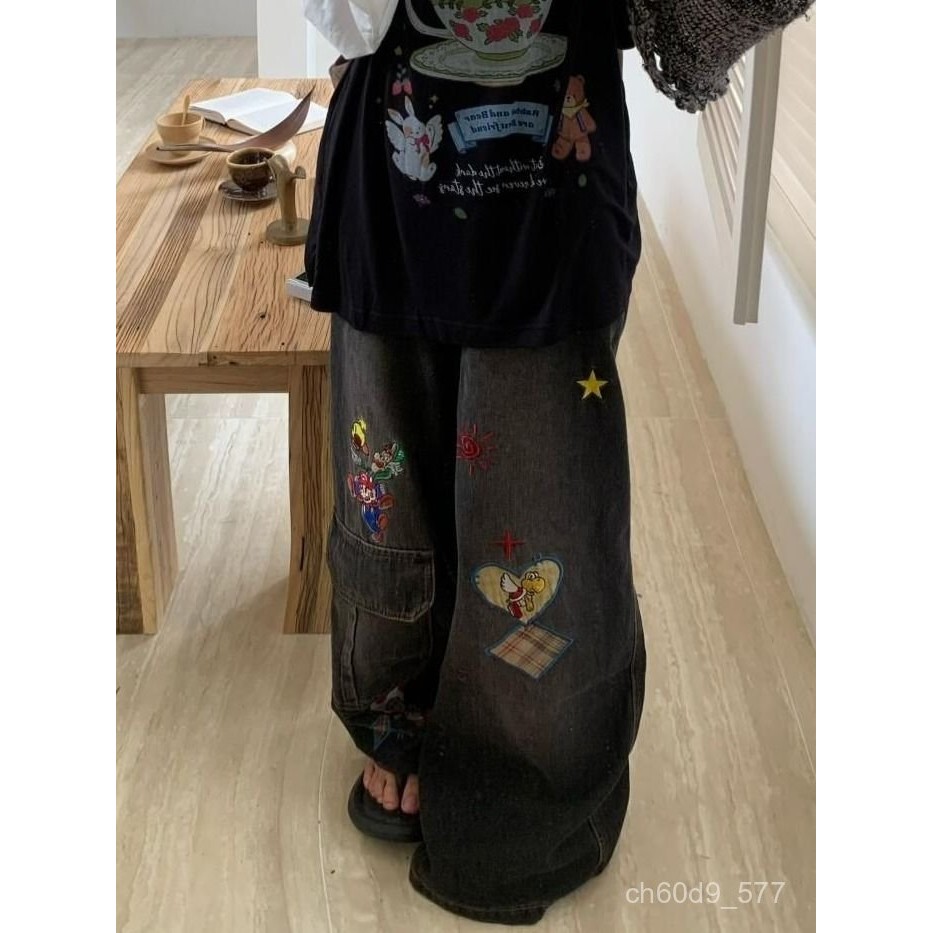 American Retro Large Size Washed Cartoon Embroidered Jeans with Loose Patchwork Design Straight Long