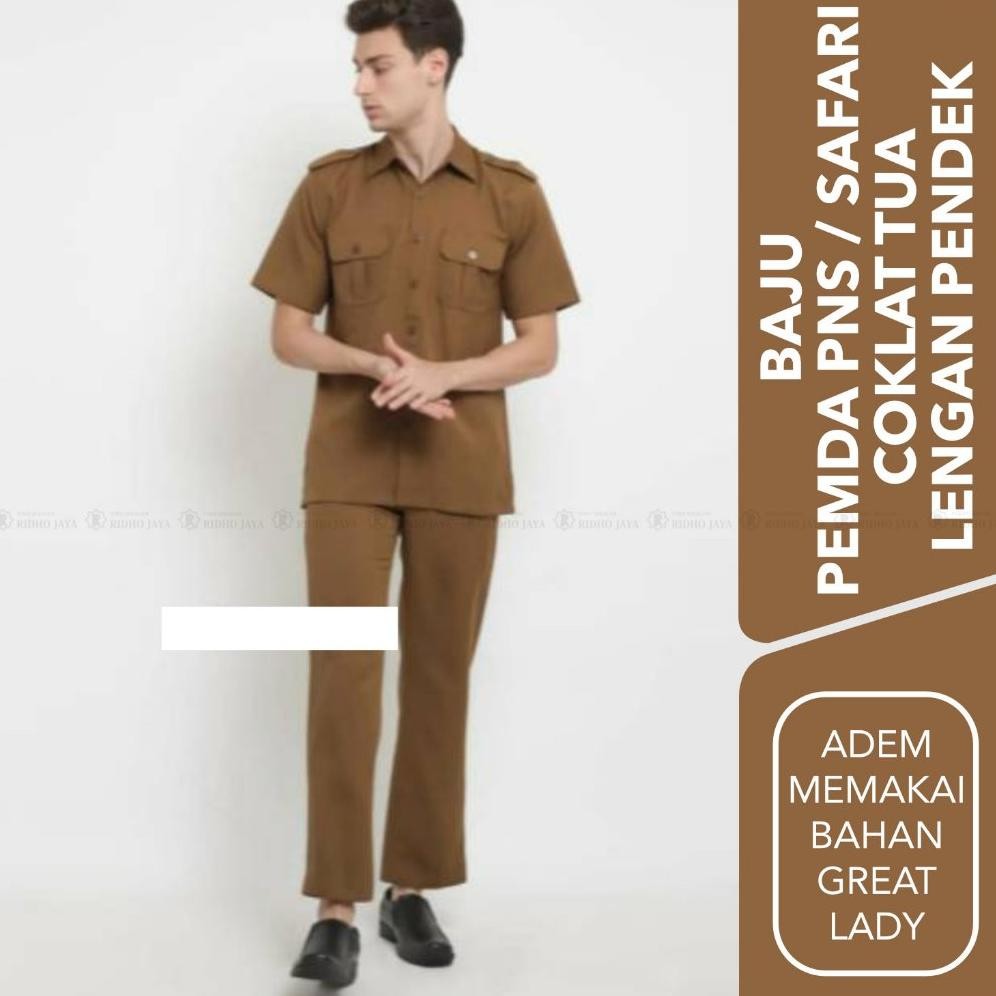 ''Terlaris" Ridho Jaya - Seragam Pns/Pemda Seragam Safari Pria / Lengan Pendek Coklat Tua Murah