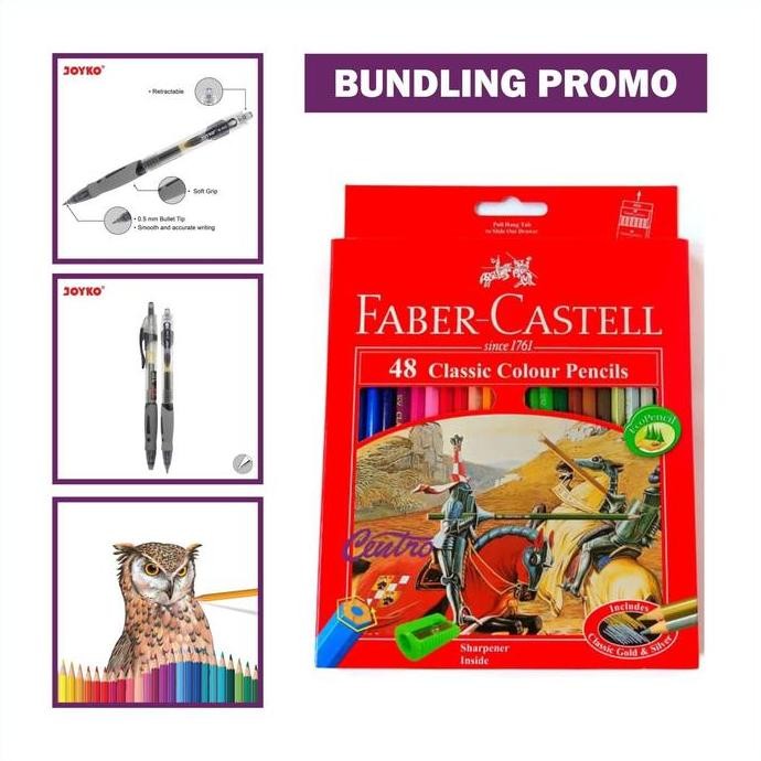 TERBARU - Bundling Faber Castell Pensil Warna 48 + 12 Bolpen Joyko Gel Pen GP265