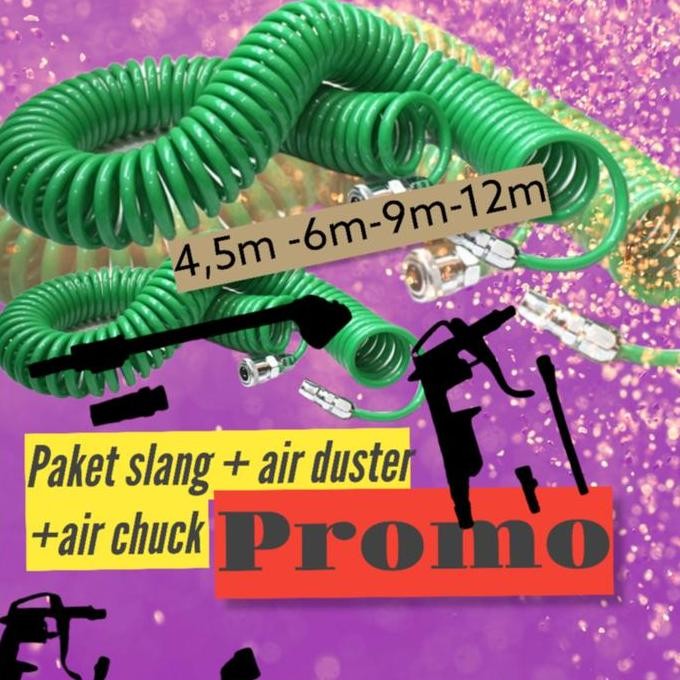 siap kirim paket 3in1 selang spiral kompresor + air chuck + air duster | set kompresor angin