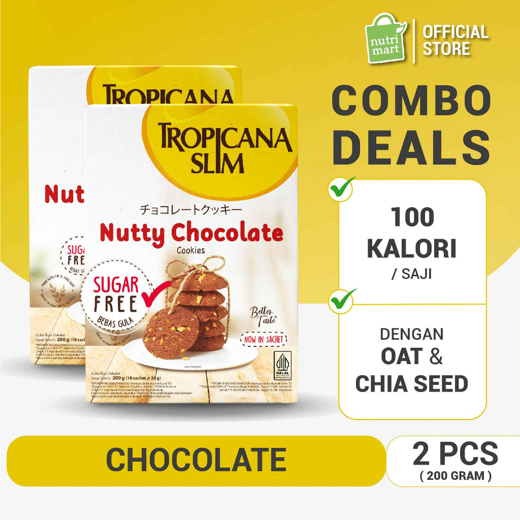 

Twin Pack - Tropicana Slim Nutty Cookies Chocolate 200gr - Snack Bebas Gula, 100 Kalori