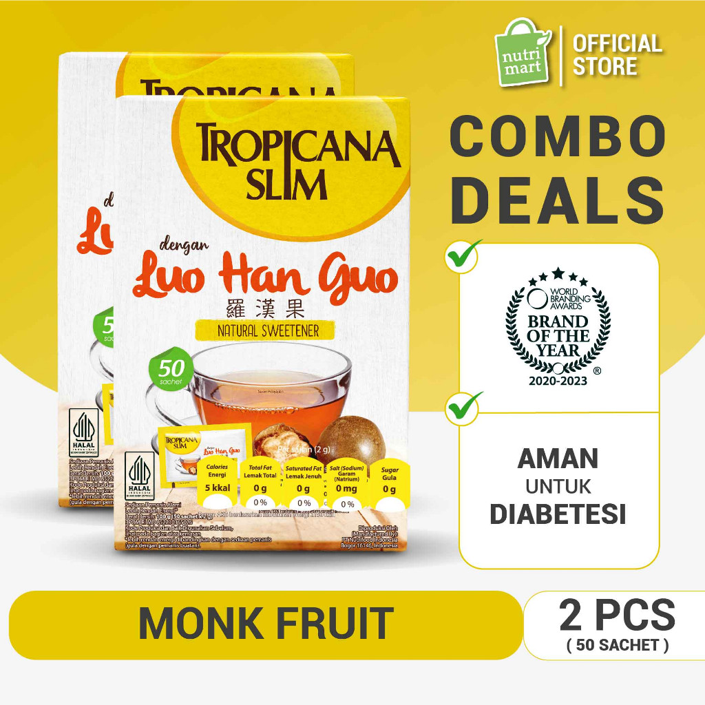 

Twin Pack - Tropicana Slim Sweetener Luo Han Guo 50 sachet - Pemanis Alami Natural untuk Batasi Gula Monk Fruit Lo Han Kuo