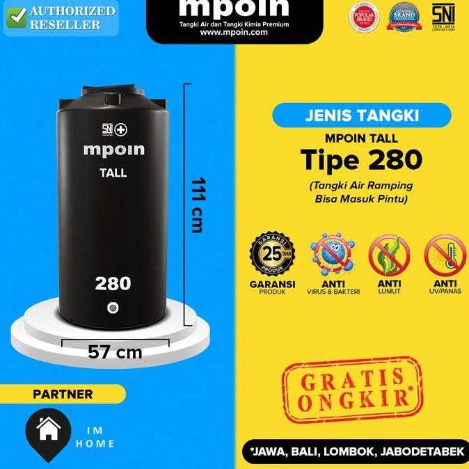 Tangki / Toren Air Mpoin Tipe 280 Liter Tinggi Kecil Hemat