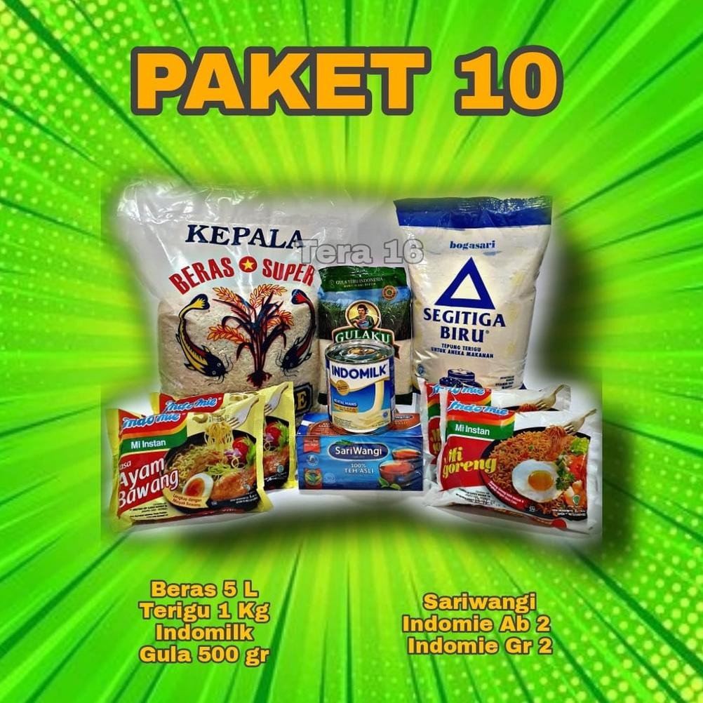 

SALE! PAKET 10 / SEMBAKO/ BERAS/ TERIGU /GULA/ INDOMILK /SARIWANGI /INDOMIE / PAKET LEBARAN