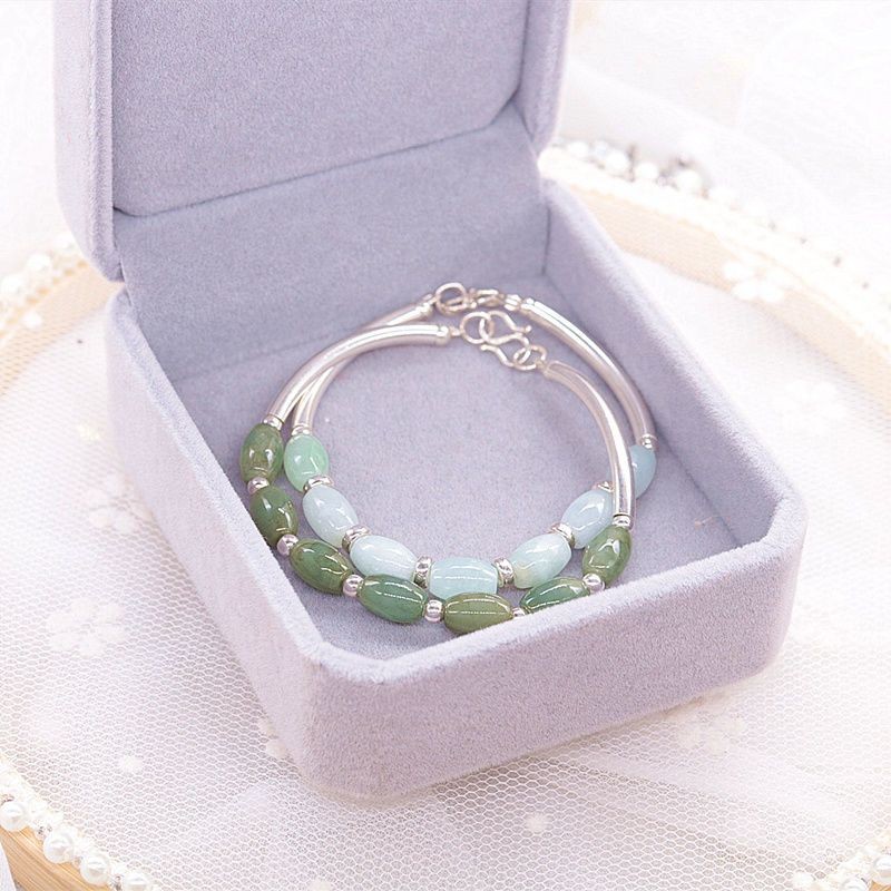 Gelang Manik-manik Jade Alami s925Gelang Perak untuk Wanita, Perak Murni